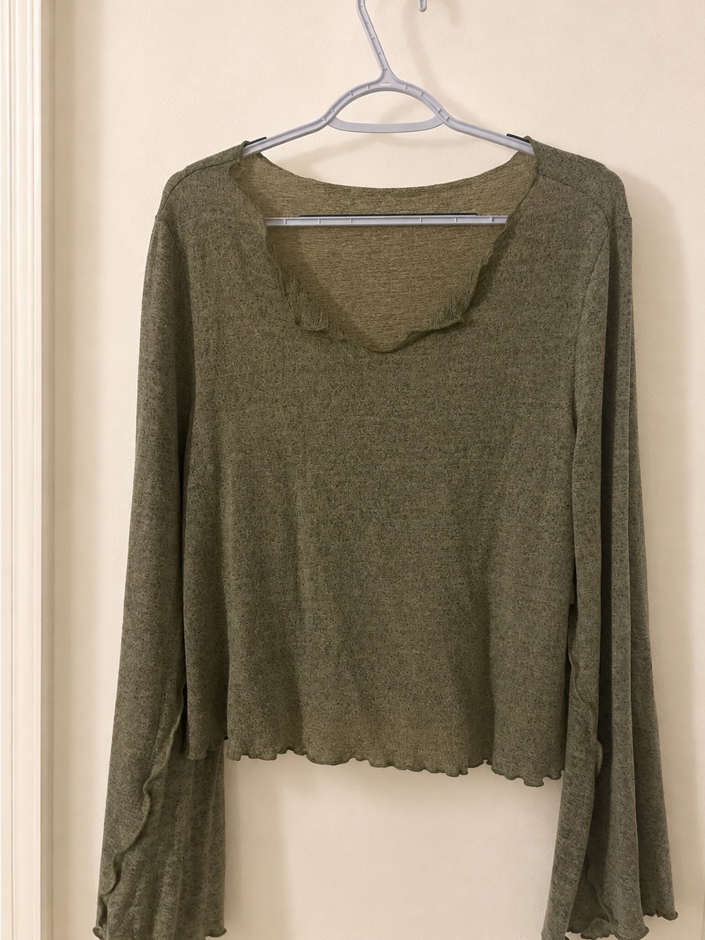 Olive Green Buttery Soft Bell Sleeve Lettuce Hem Top - Picture 4 of 6